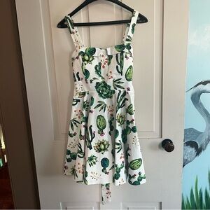 Tropical Cactus Print Midi Dress - White and Green